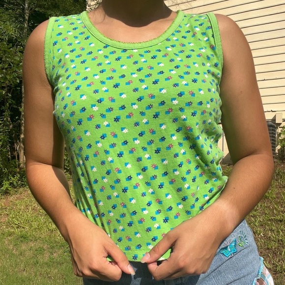 Tops Vintage 9s Honors Lime Green Floral Baby Tank Top Poshmark